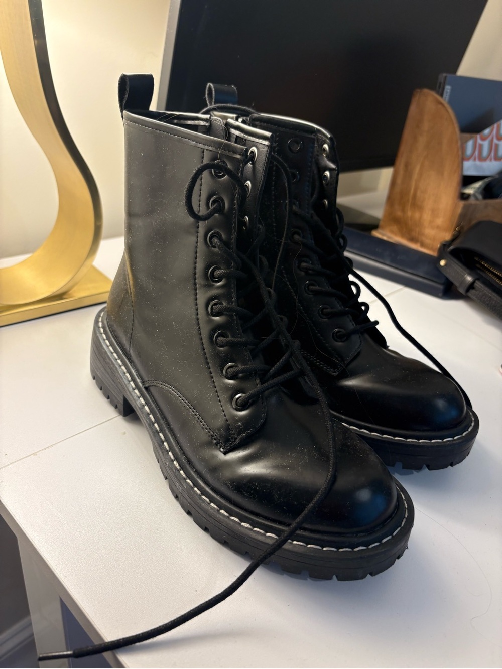 Women's Black Lace-Up Platform Combat Boots with Chunky Sole